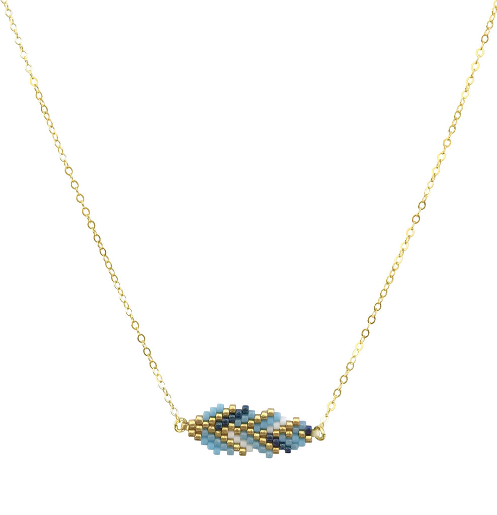 Turquoise, Gold, Navy and White Beaded Necklace