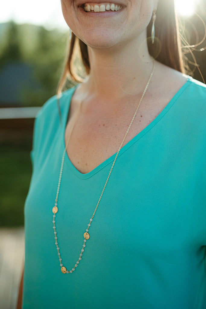 Gold Disc and Moonstone Rosary Necklace